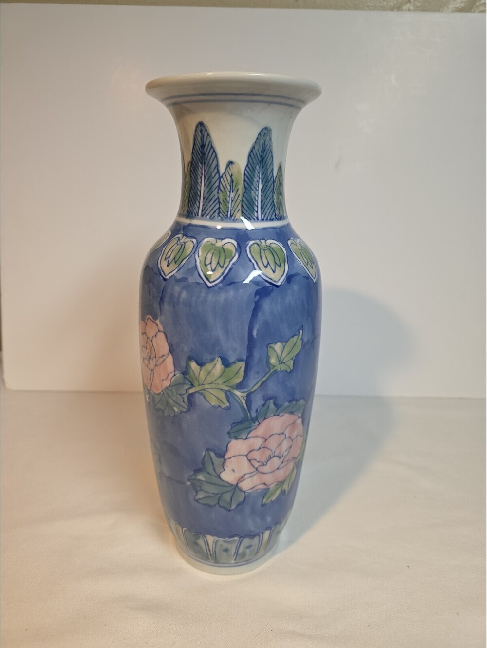 Vintage Chinese Porcelain Vase Blue Pink Peony Flower Hand Painted Made In China